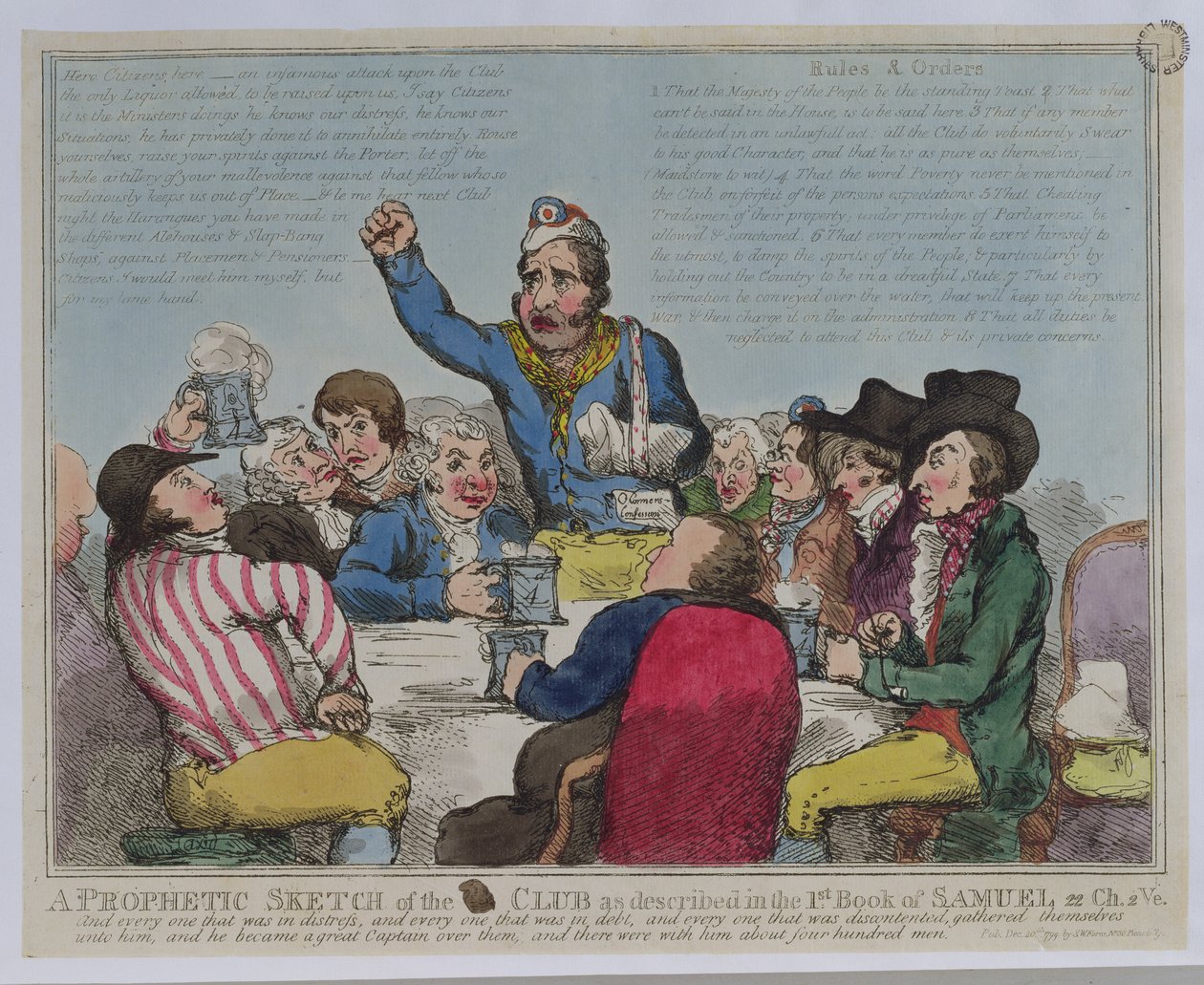 En profetisk skiss av klubben som beskrivs i Samuels första bok, 22 kap, 2 Ve, pub. av S.W. Fores, 1799 (färgad etsning) av English School