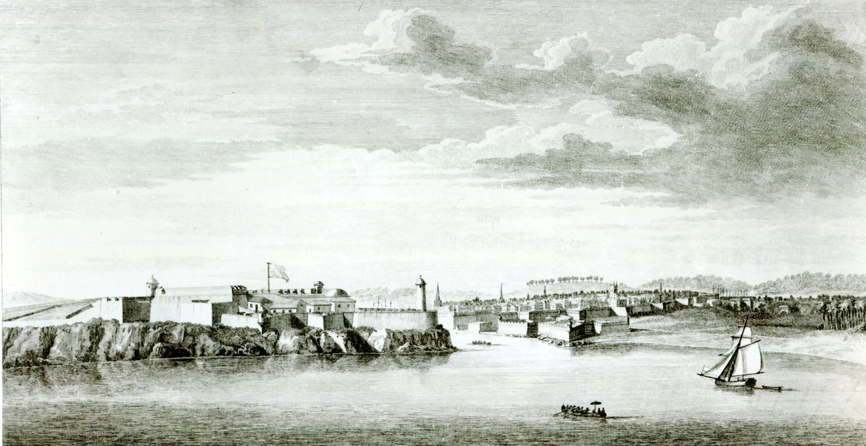 Utsikt över Moros slott och Havanna stad från havet, graverad av Pierre Charles Canot efter en ritning av en officer i den brittiska flottan, 1818. av English School