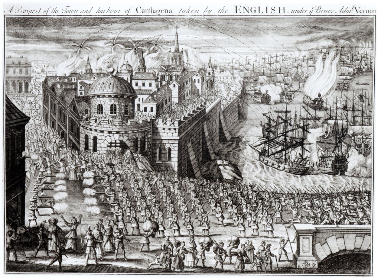 En utsikt över staden och hamnen i Carthagena, tagen av engelsmännen under den tappre amiral Vernon, 1741 av English School