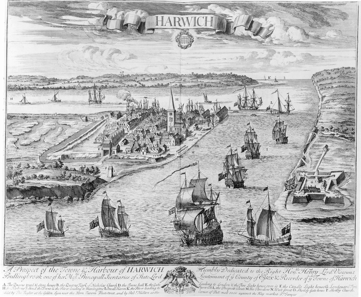 En utsikt över Towne och Harbour of Harwich av English School