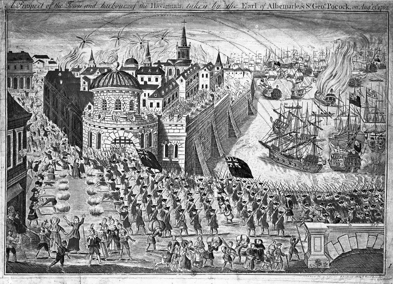 En utsikt över staden Havannah, tagen av jarlen av Albemarle och Sir George Pocock den 13 augusti 1762 av English School