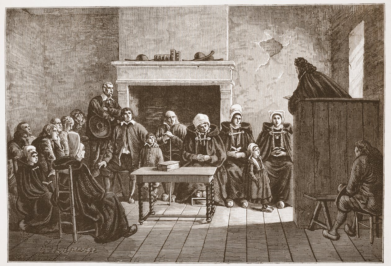 En protestantisk pastor som talar till en hemlig församling av hugenotter, illustration från The History of Protestantism av James Aitken Wylie (1808-1890), pub. 1878 av English School