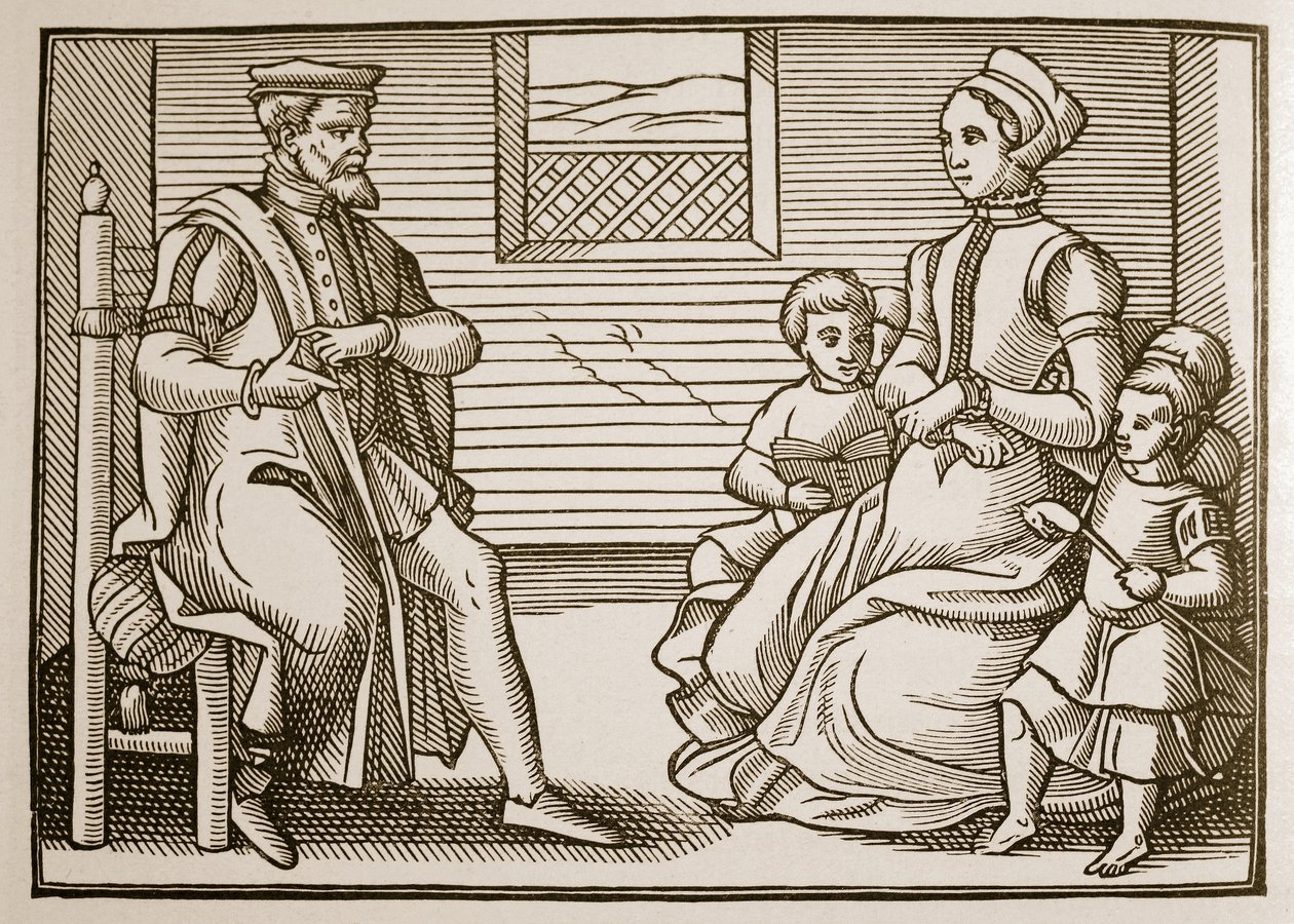 En puritansk familj, från Tenor of the Whole Psalms in Four Parts, 1563 (sepiafoto) av English School