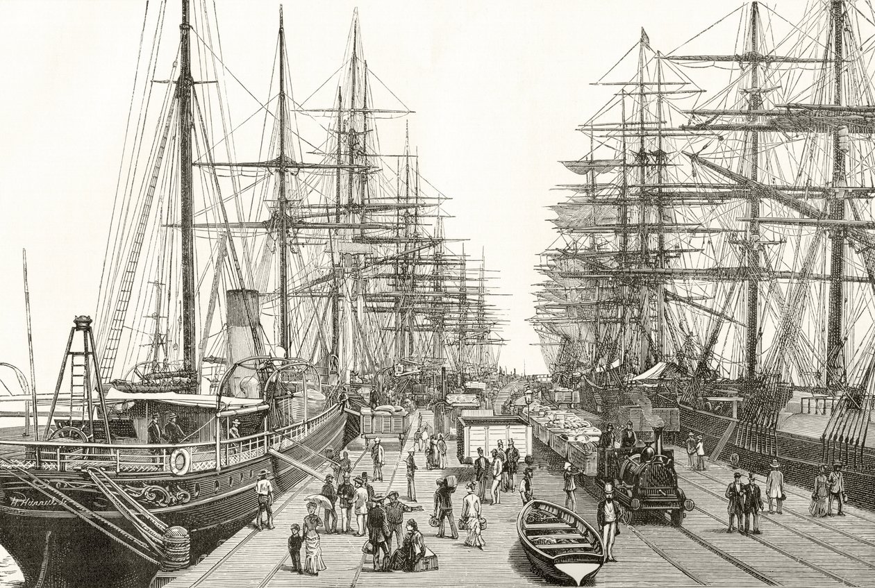 A Railway Pier in Melbourne, ur "Australian Pictures" av Howard Willoughby, utgiven av Religious Tract Society, London, 1886. av English School