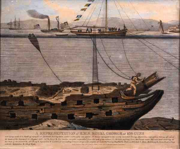 En representation av H.M.S. Royal George of 108 Guns, publicerad 1833 (färgad gravyr) av English School