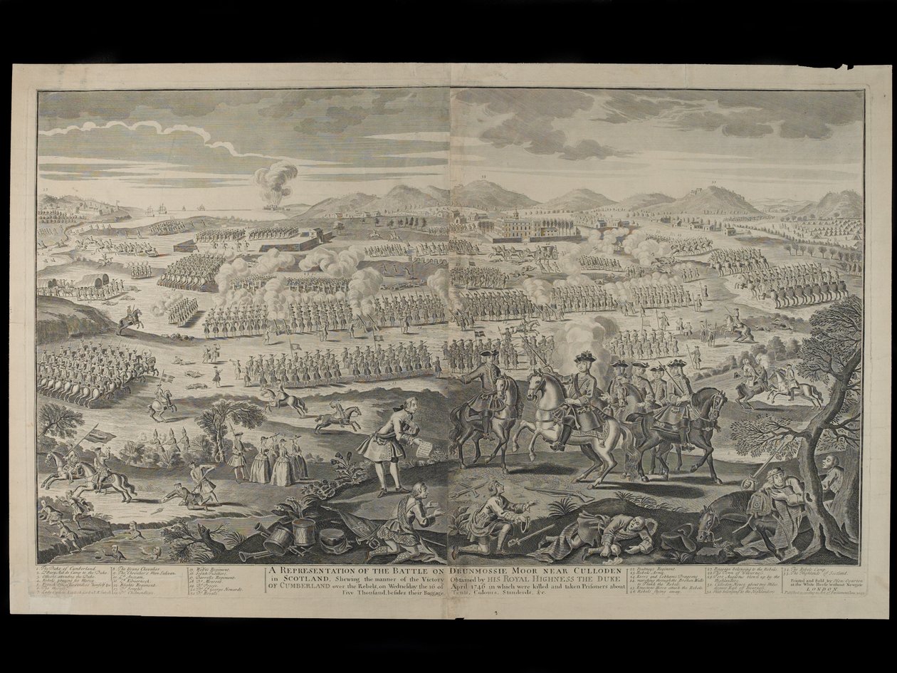 En representation av slaget på Drumossie Moor nära Culloden i Skottland, 16 april 1746, publicerad av Henry Overton, 30 juni 1746 av English School