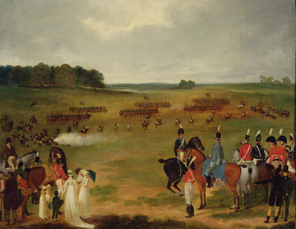 En recension av Londons frivilliga kavalleri och flygande artilleri i Hyde Park 1804, ca 1804 (olja ombord fastställd på panel) av English School