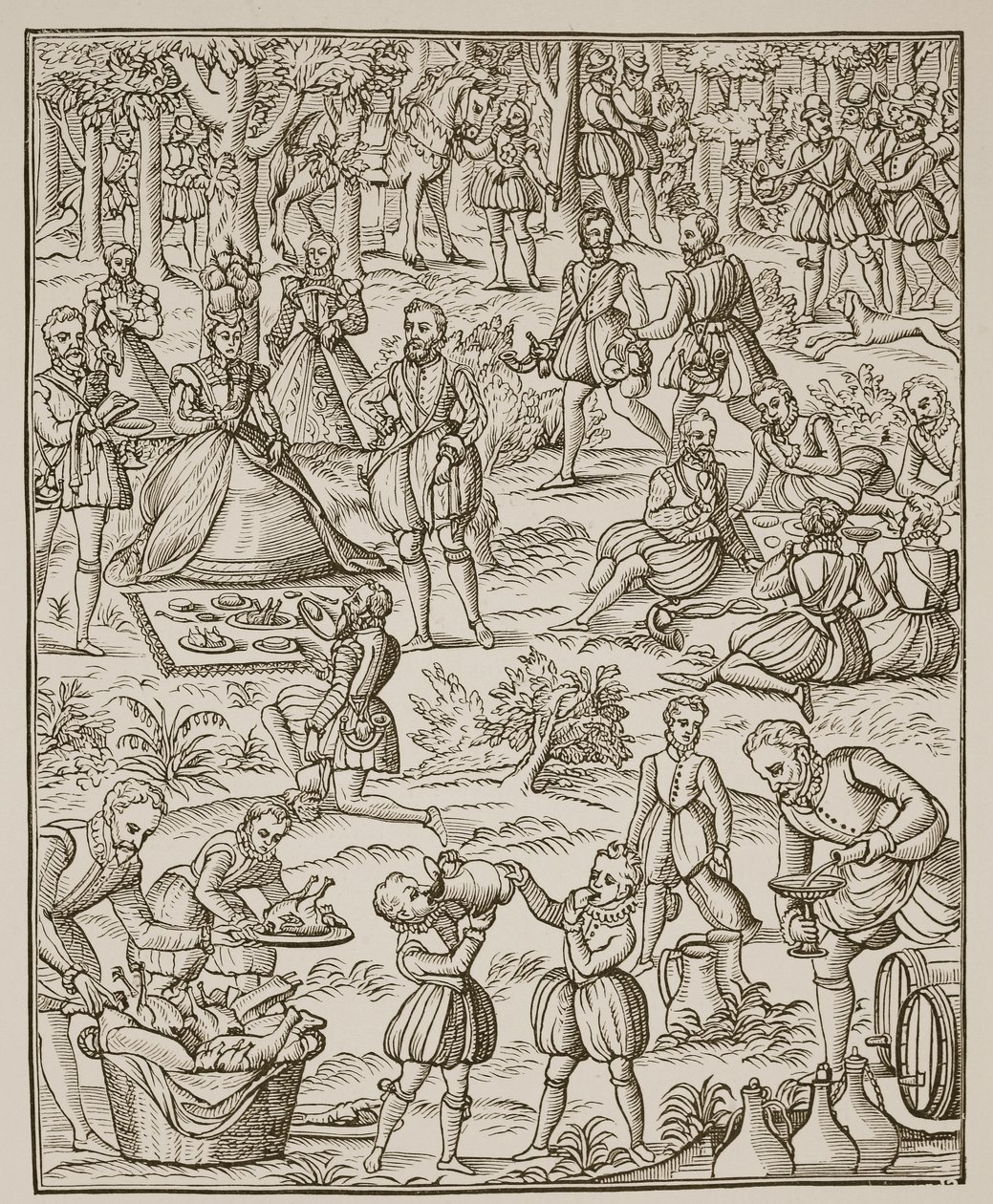 A Royal Picnic, tallrik från Noble Art of Venerie and Hunting av George Turberville, 1575 (sepiafoto) av English School