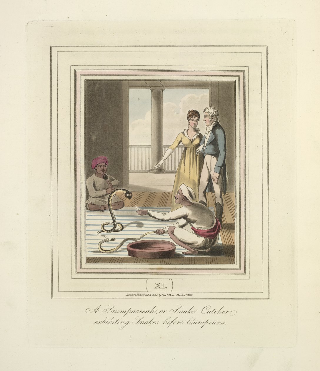 En Saumpareeah eller ormfångare som ställer ut ormar inför européer, ca 1824 (färg litho) av English School