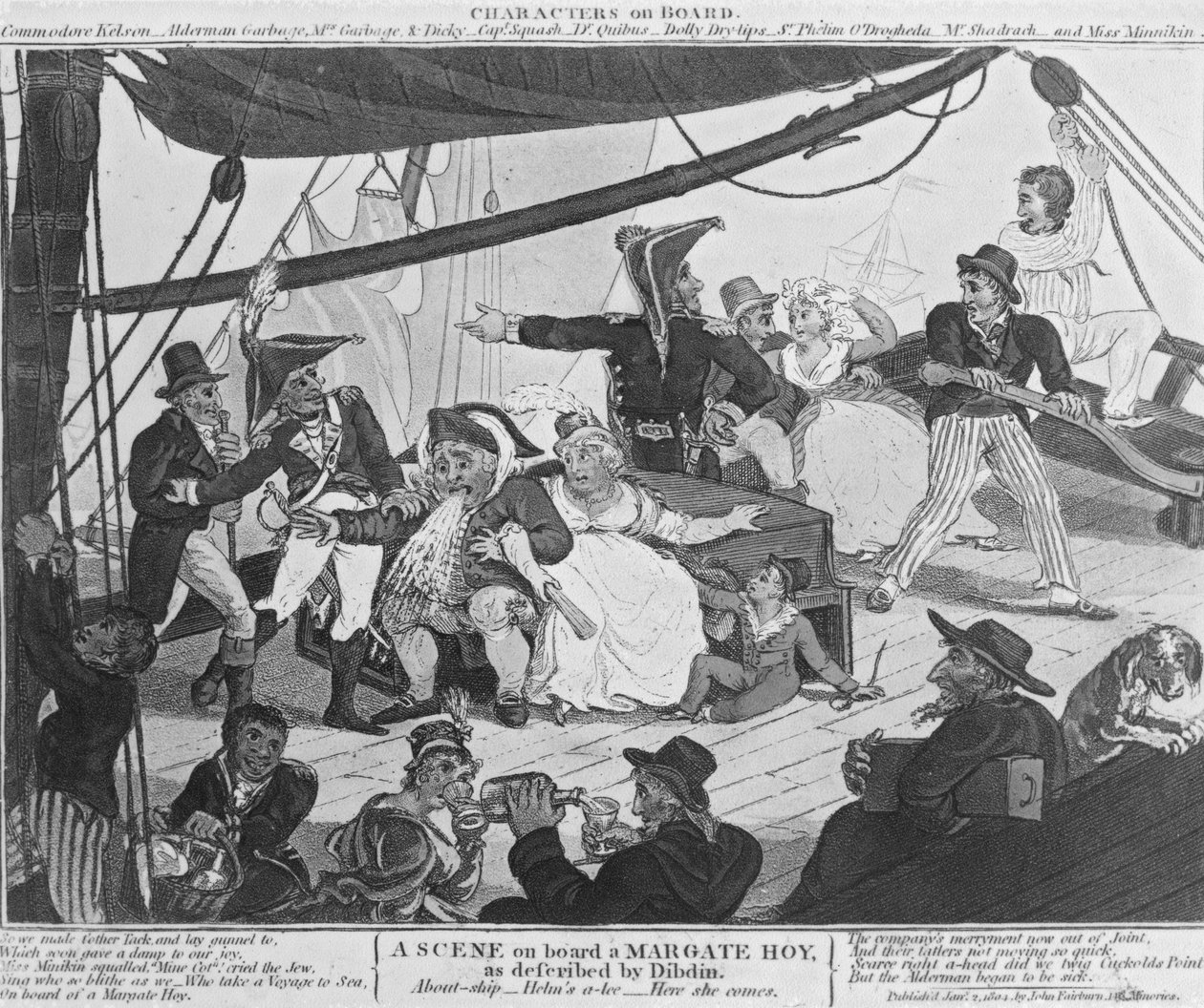 Onyesho kwenye bodi ya Margate Hoy, kama ilivyoelezewa na Dibdin, 1804 (etching ya rangi ya mkono) av English School