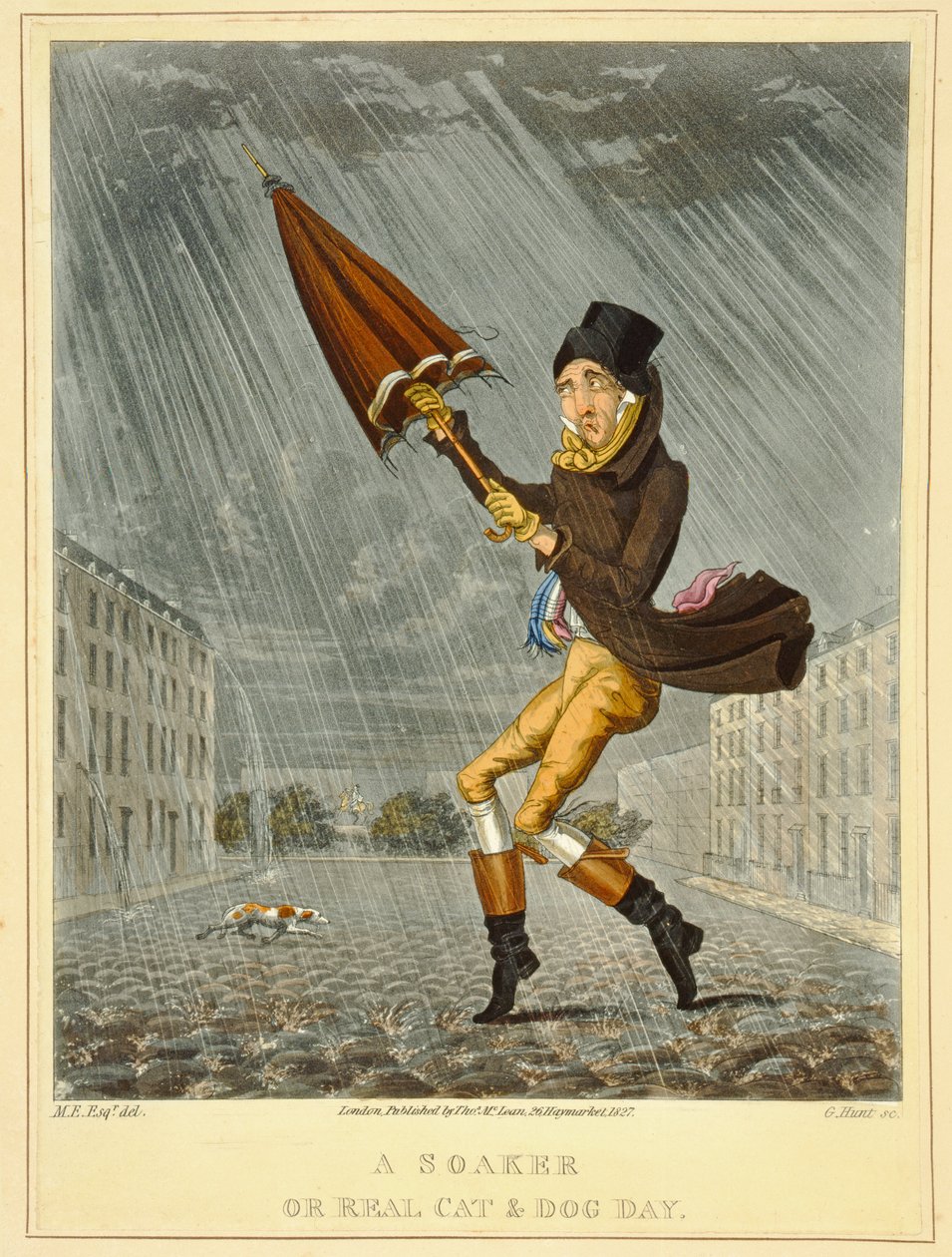 A Soaker or Real Cat and Dog Day, graverad av G. Hunt, publicerad av Thomas McLean, London, 1827 (färgad etsning) av English School