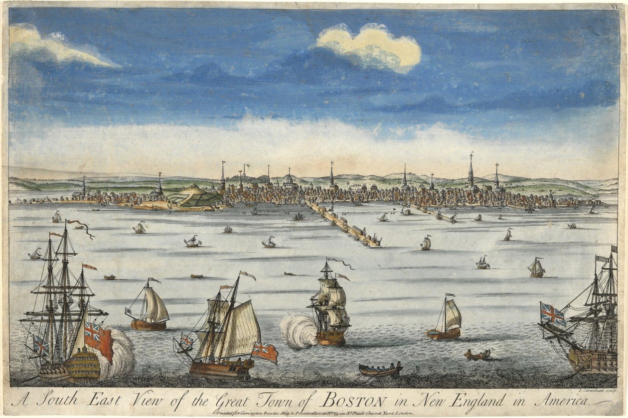 En sydostvy över den stora staden Boston i New England ..., ca. 1730 (handfärgad gravyr) av English School
