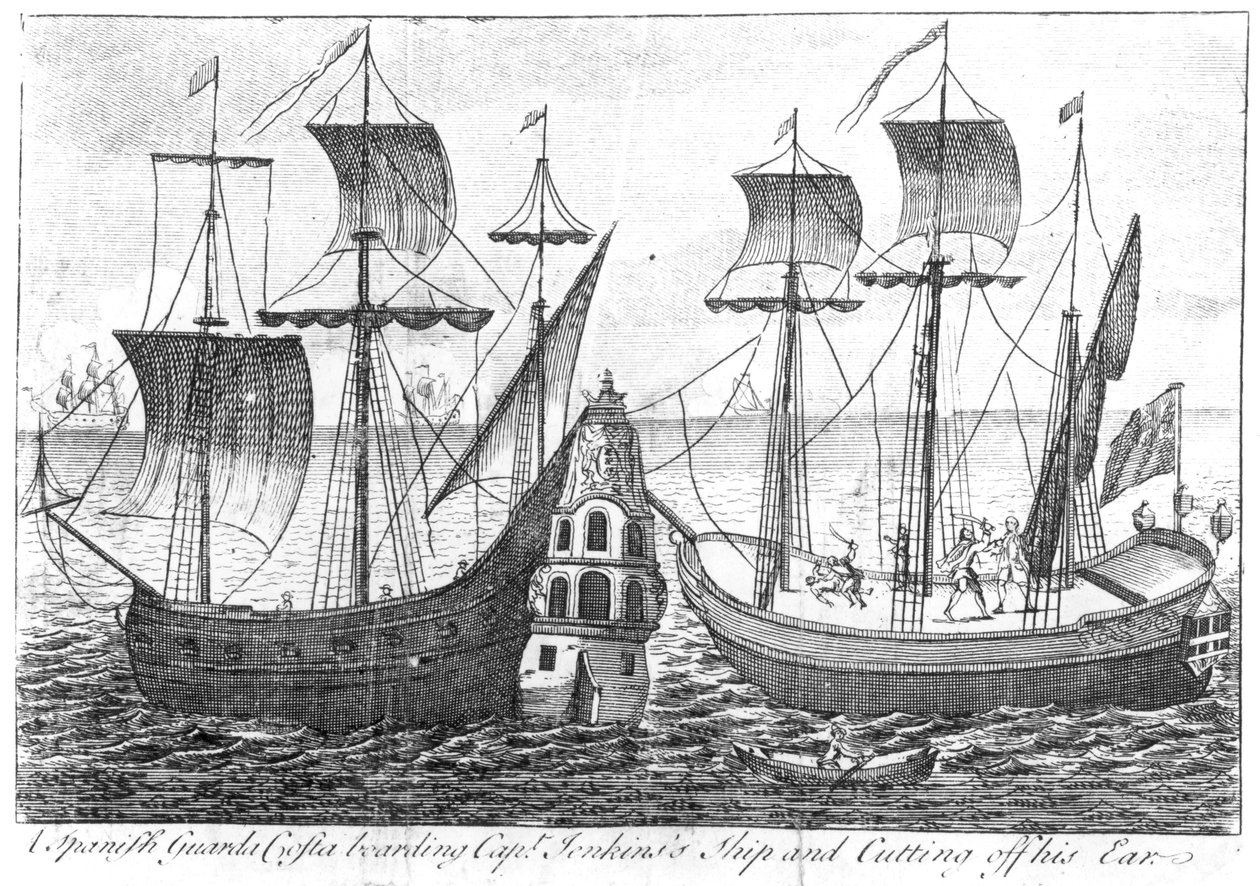 En spansk "Guarda Costa" (kustbevakningen) går ombord på kapten Jenkins skepp och skär av hans öra, 1731 av English School