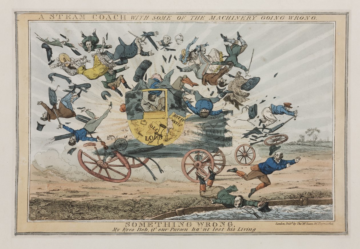 En ångbuss med en del av maskinerna som går fel, c.1825 av English School