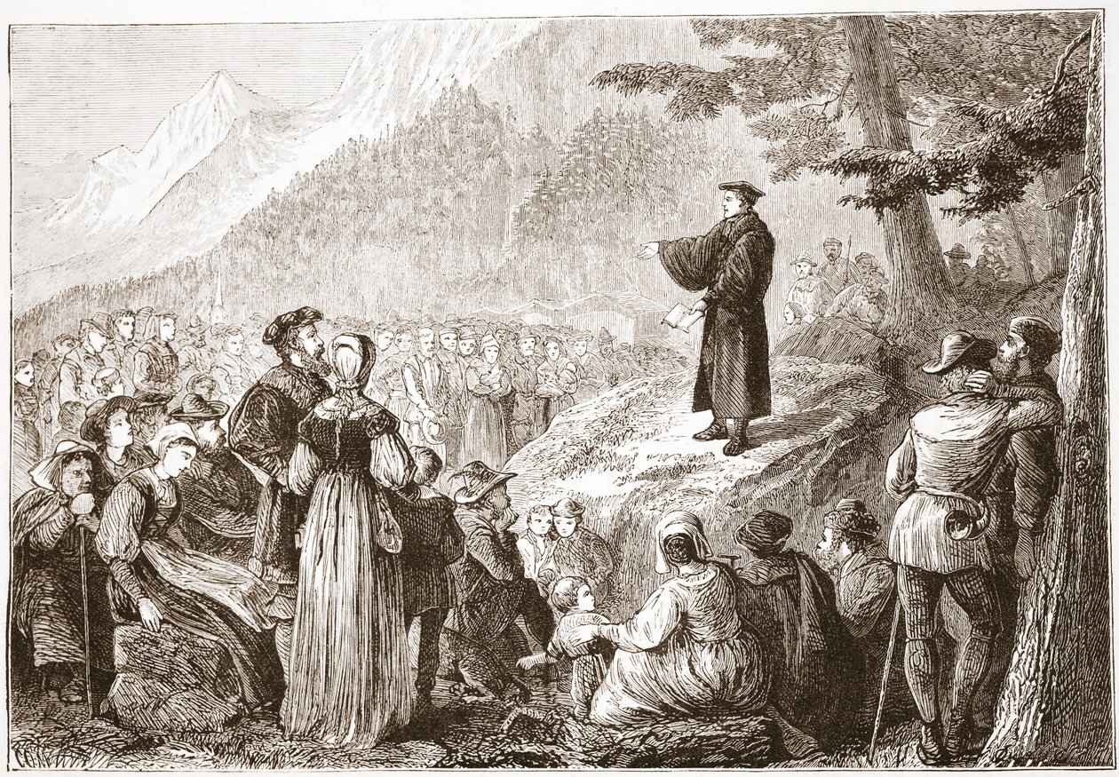 En schweizisk reformator som predikar för sin flock i det öppna fältet, illustration från The History of Protestantism av James Aitken Wylie (1808-1890), pub. 1878 av English School