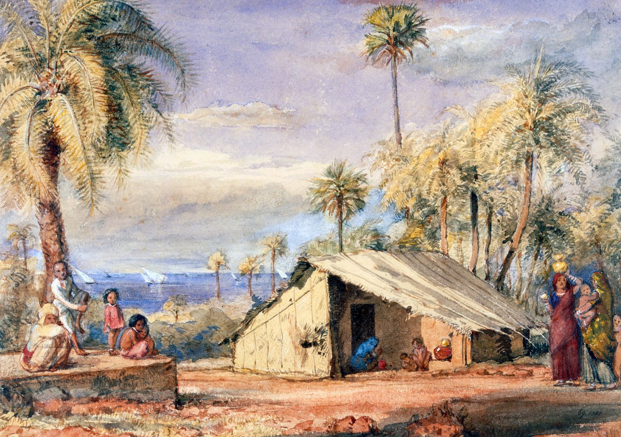 A Toddy-Drawers Hut in a Grove of Dadel Palms, Bombays presidentskap, Indien (wc på papper) av English School