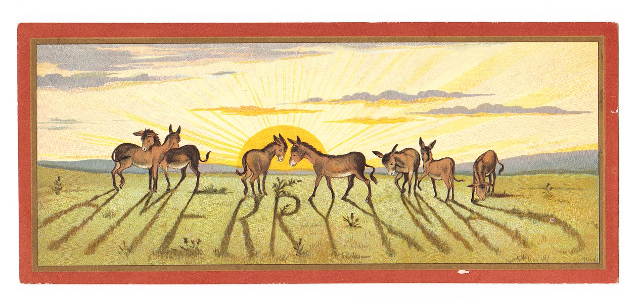Ett viktorianskt julkort med en solnedgång som kastar skuggor från en rad åsnor där det stod "Merry Xmas", cirka 1880 av English School