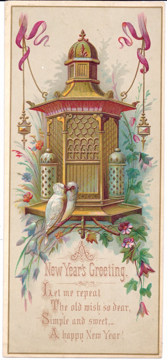 Ett viktorianskt julkort föreställande en utarbetad fågelbur med ett par lovebirds, ca 1880 av English School