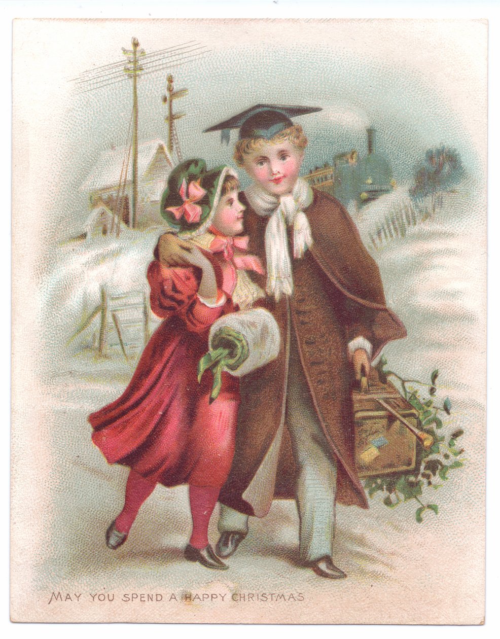 Ett viktorianskt julkort av en pojke som bär en murbräda med armen runt en flicka som går genom snön, ca 1880 (färg litho) av English School