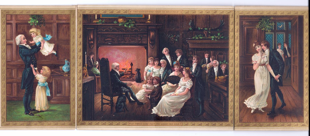 Ett viktorianskt julkort av en far och hans barn, en far som berättar en historia för en familjegrupp och en gentleman som försöker kyssa en dam under misleten, ca 1880 av English School