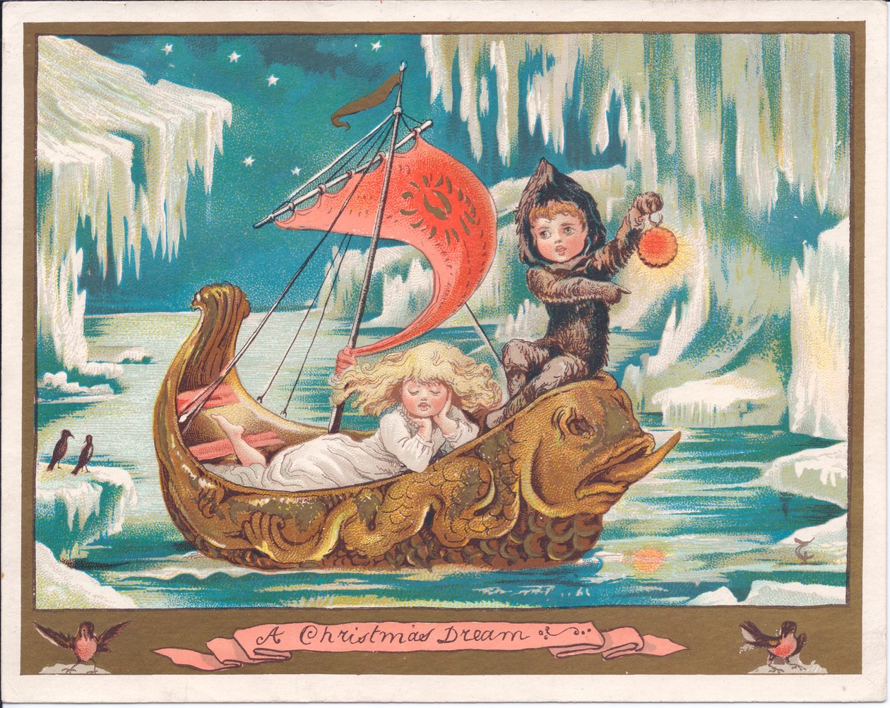 Ett viktorianskt julkort av en flicka som sover i en utsmyckad delfinbåt på ett fruset hav medan en pojkeälva håller i en lampa, ca 1880 (färg litho) av English School