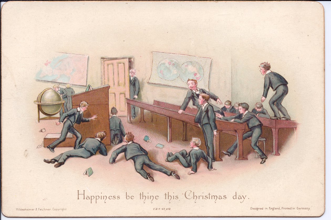 Ett viktorianskt julkort av en rektor som tittar på oregerliga pojkar i ett klassrum, ca 1880 (färg litho) av English School
