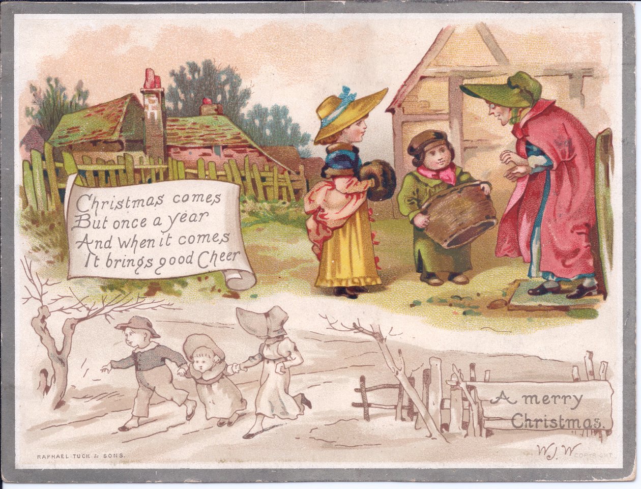 Ett viktorianskt julkort av en äldre kvinna med två barn på en gård, ca 1880 (färg litho) av English School