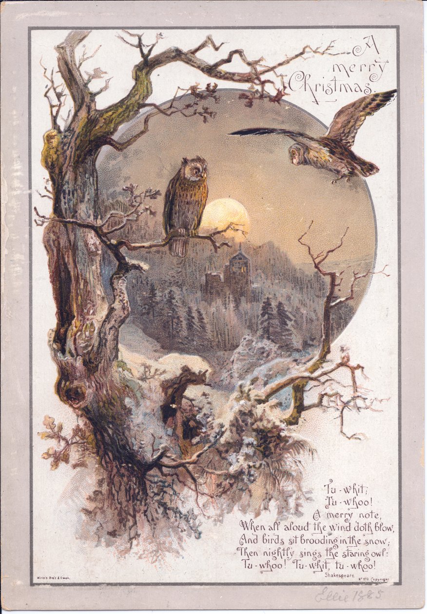 Ett viktorianskt julkort av en uggla uppflugen på en gren på en månbelyst natt, ca 1880 (färg litho) av English School