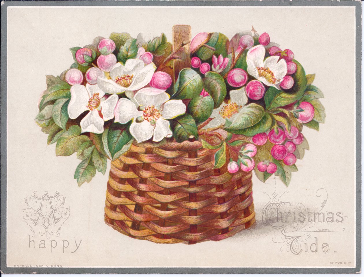Ett viktorianskt julkort med blommor och löv i en flätad korg, ca 1880 (färg litho) av English School