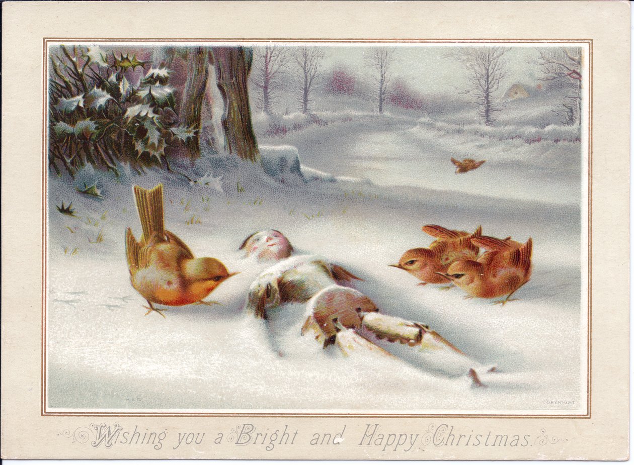 Ett viktorianskt julkort med robbins som tittar på en trädocka i snön, ca 1880 (färglitografi) av English School