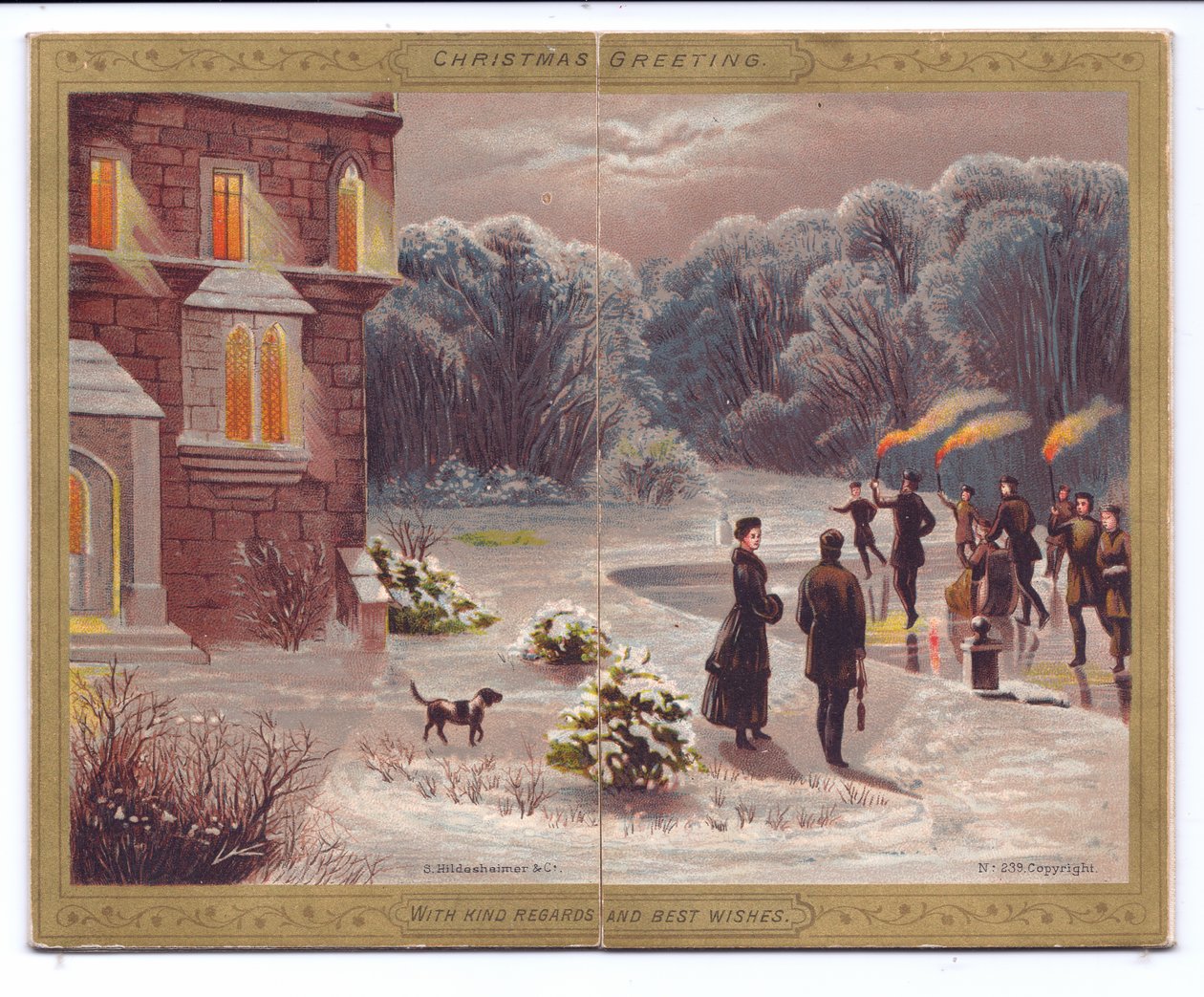 Ett viktorianskt julkort med skridskoåkare med flammande facklor som åker skridskor på en frusen sjö framför en herrgård med åskådare och en hund, ca 1880 av English School