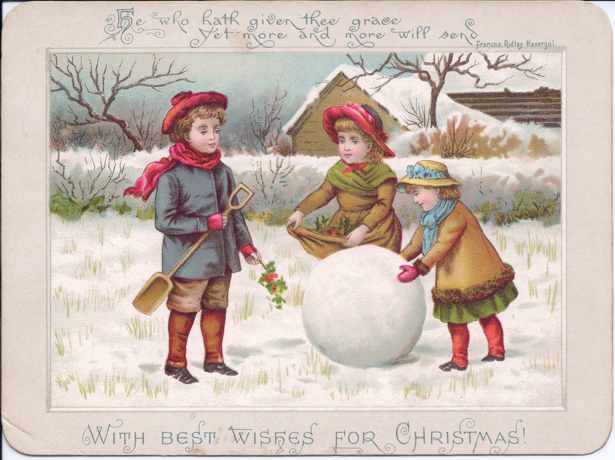 Ett viktorianskt julkort med tre barn som leker med en stor snöboll, ca 1880 (färglitografi) av English School
