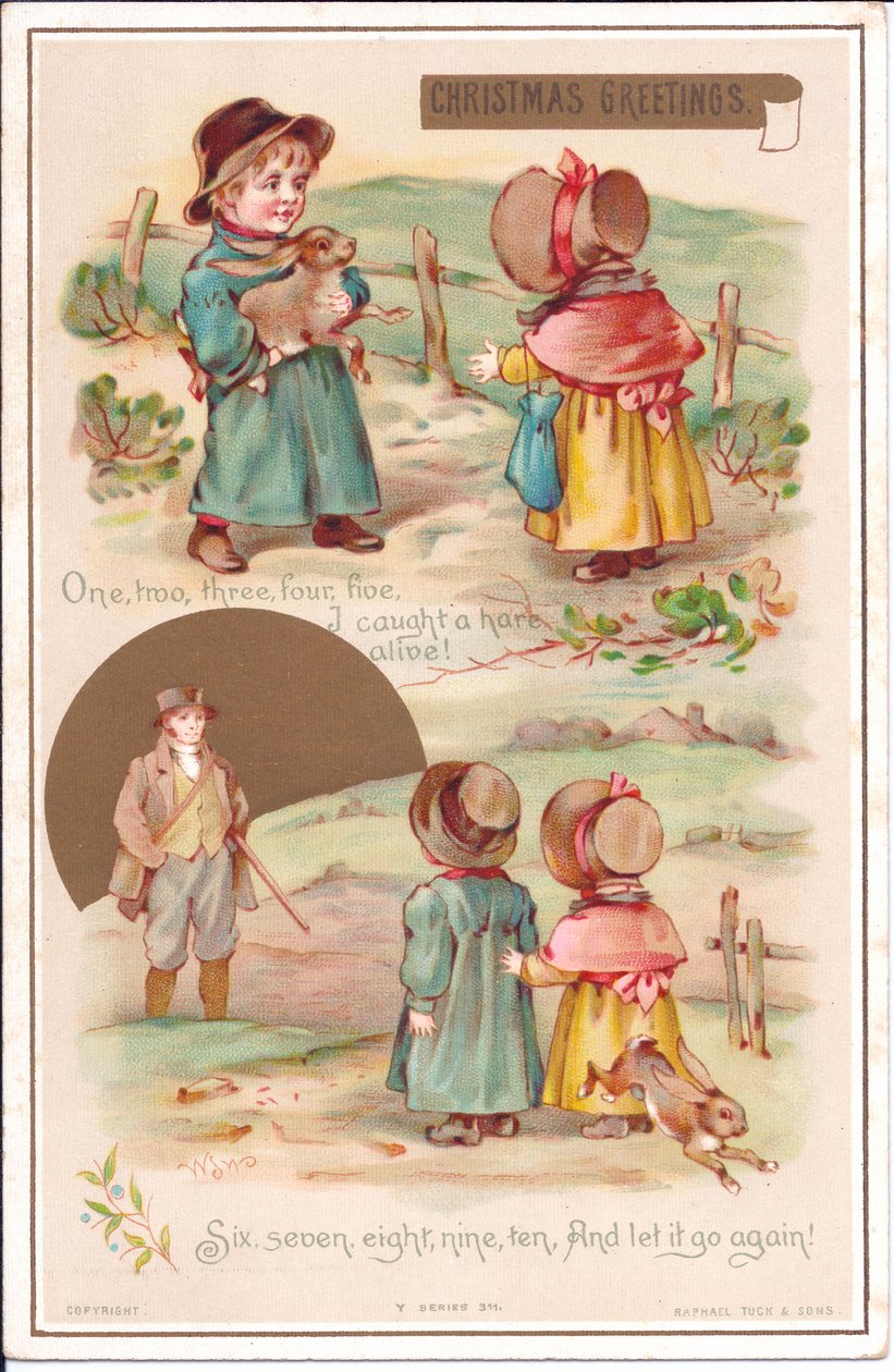 Ett viktorianskt julkort av två barn med en hare, ca 1880 (färg litho) av English School