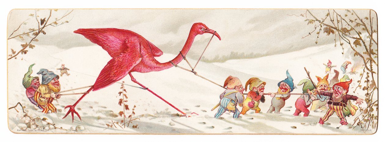 Ett viktorianskt julkort som visar ett illvilligt sällskap av alver som leder bort en fången flamingo i snön ca 1880 av English School