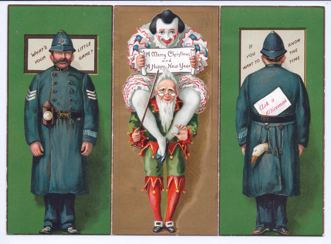 Ett viktorianskt julkort med en gycklare, clown och polis, ca 1880 av English School
