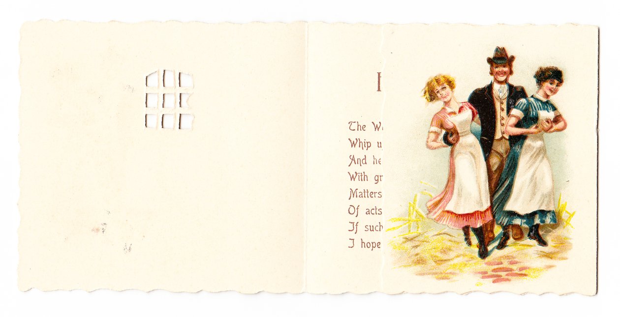 Ett viktorianskt gratulationskort av en gentleman med två pigor, cirka 1880 av English School