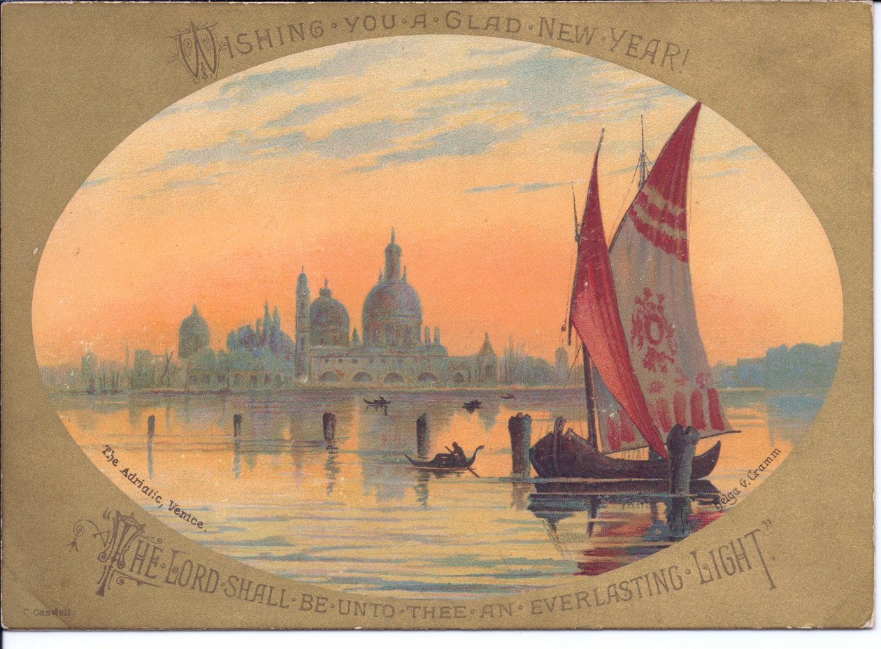 Ett viktorianskt nyårskort med en båt och gondoler på Adriatiska havet, Venedig, ca 1880 (färglitografi) av English School
