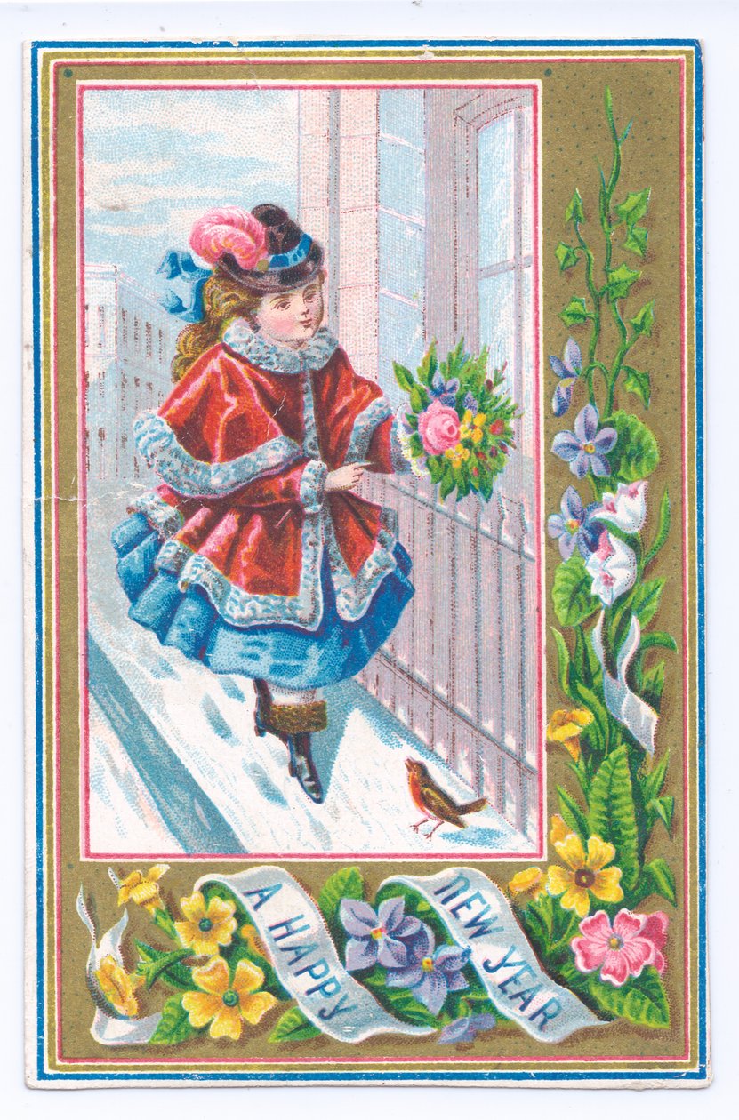 Ett viktorianskt nyårskort av en flicka klädd i en pälsfodrad cape som håller i en bukett blommor som går i snön, ca 1880 (färg litho) av English School