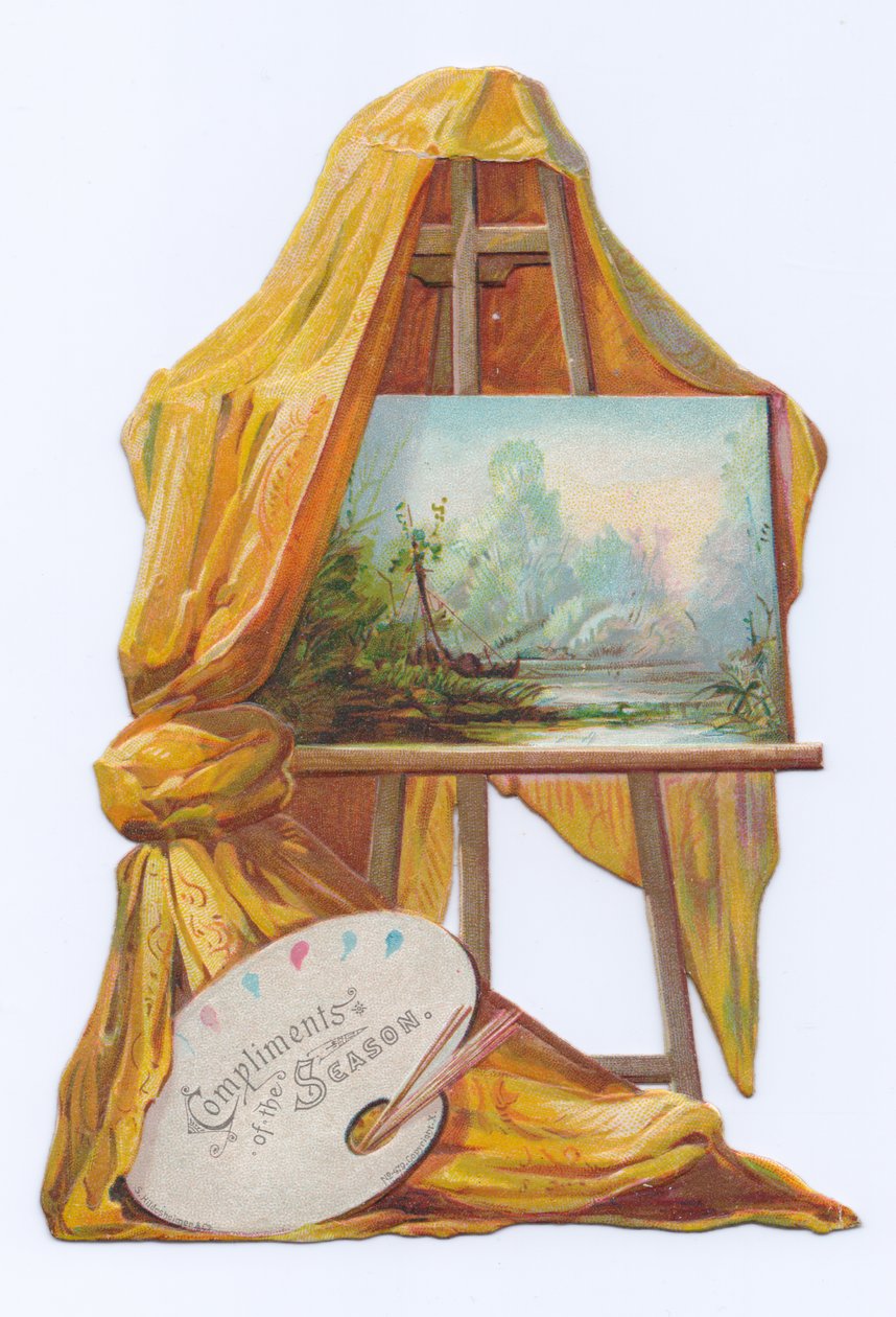 Ett viktorianskt stansat formkort av en målning på en konstnärs staffli med ett draperi på, ca 1880 (färglitografi) av English School