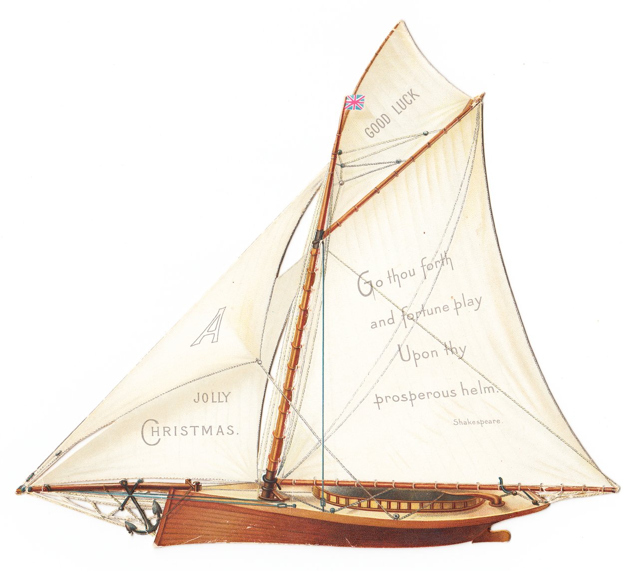 Ett viktorianskt stansat tredimensionellt julkort av en segelbåt, ca 1880 (färglitografi) av English School