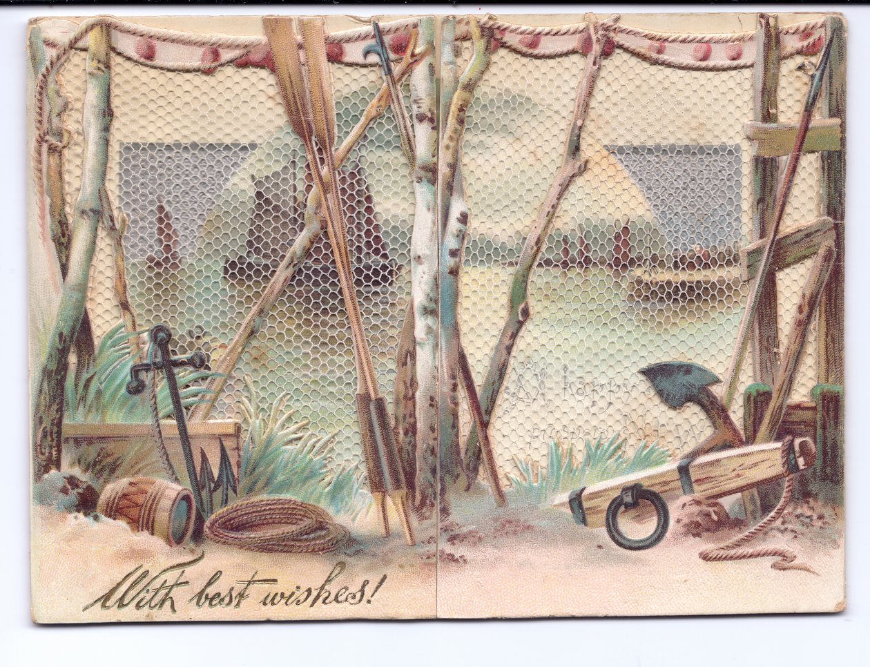 Ett viktorianskt gratulationskort av segelfartyg sett genom en gasväv, ca 1880 av English School