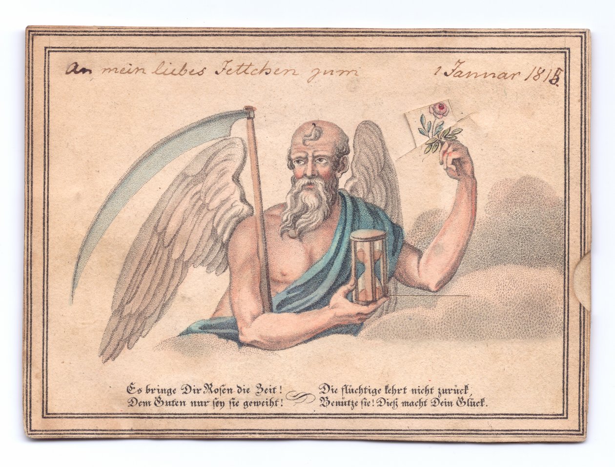 Ett viktorianskt gratulationskort av den grima skördaren med en lie och timglas som håller en ros, ca 1815 (färg litho) av English School
