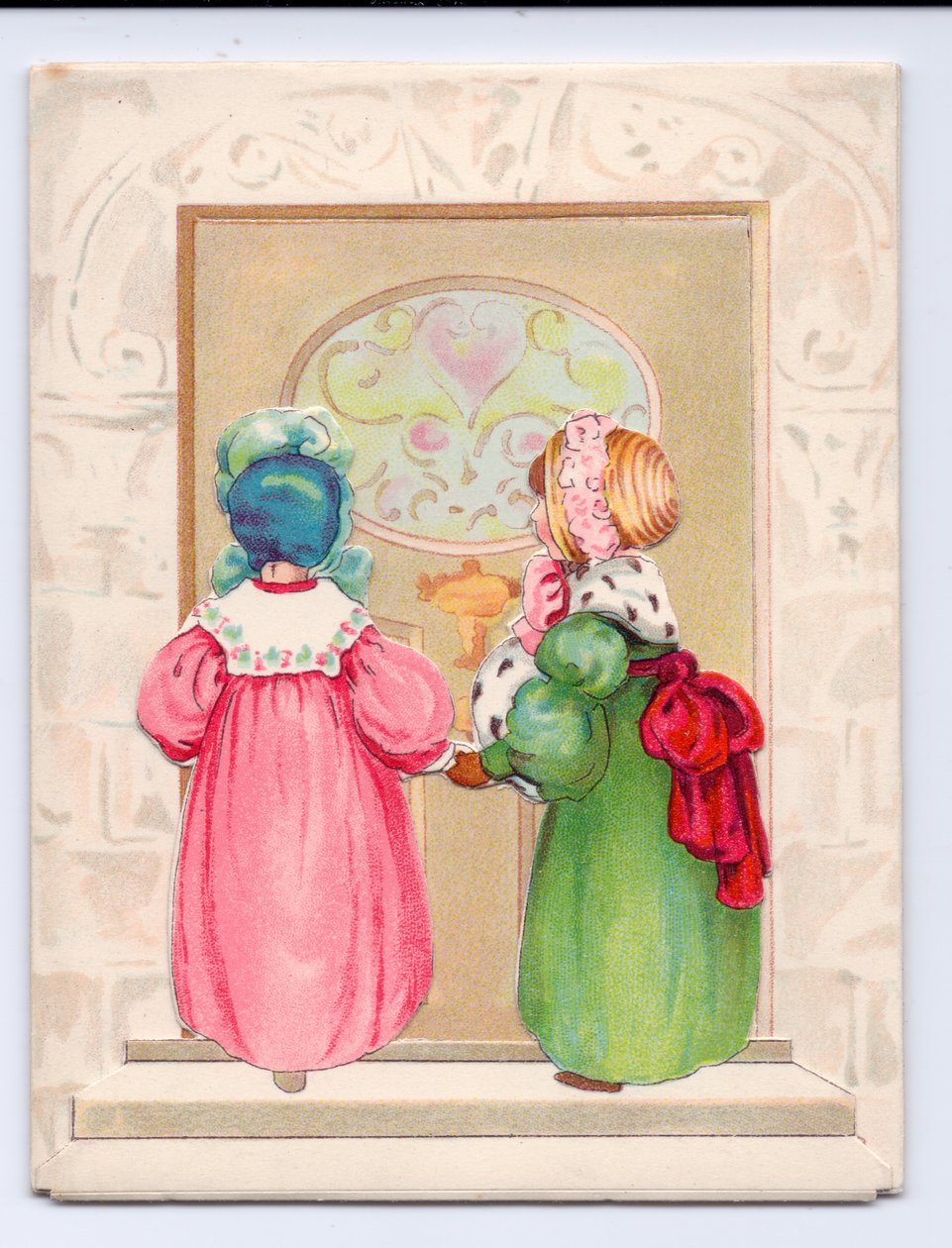 Ett viktorianskt gratulationskort med två barn som bär motorhuvar på väg att gå in i en ytterdörr, ca 1880 (lito i färg) av English School