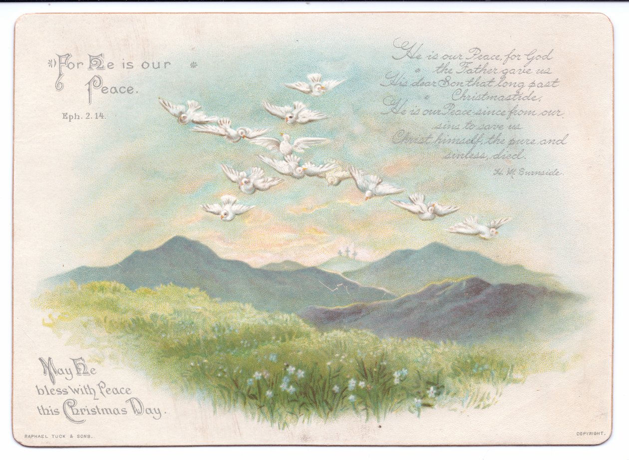 Ett viktorianskt religiöst julkort av flygande duvor i form av ett kors, ca 1880 (färg litho) av English School