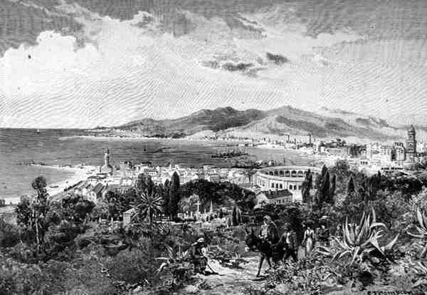 A View Looking West Across Malaga, Spain, från "The Picturesque Mediterranean", Volume 3, publicerad av Cassell and Co. Ltd. av English School