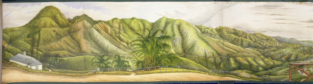 A View Towards Kingston från Military Sanatorium i Newcastle, Blue Mountains, Jamaica, 1855 (wc och gouache på papper nedlagd på duk) av English School