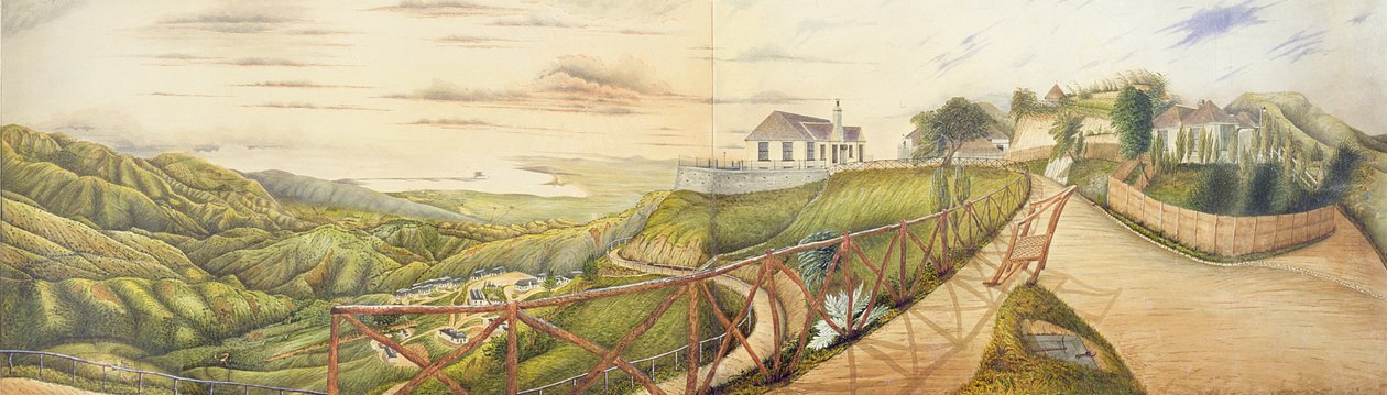 A View Towards Kingston från Military Sanatorium i Newcastle, Blue Mountains, Jamaica, 1855 (wc och gouache på papper nedlagd på duk) av English School