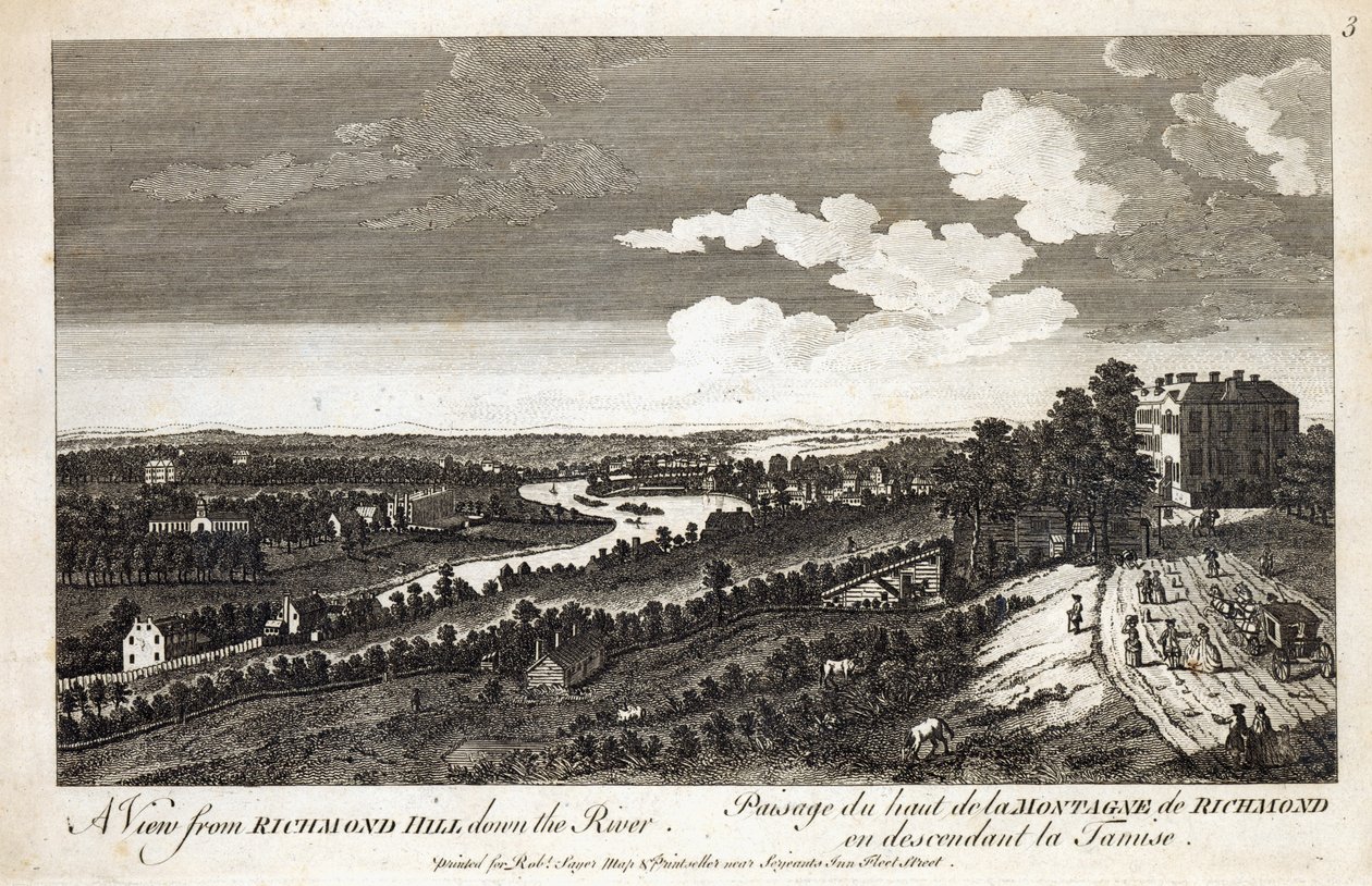 En utsikt från Richmond Hill nedför floden, tryckt för Robert Sayer Map und Printseller, Fleet Street av English School