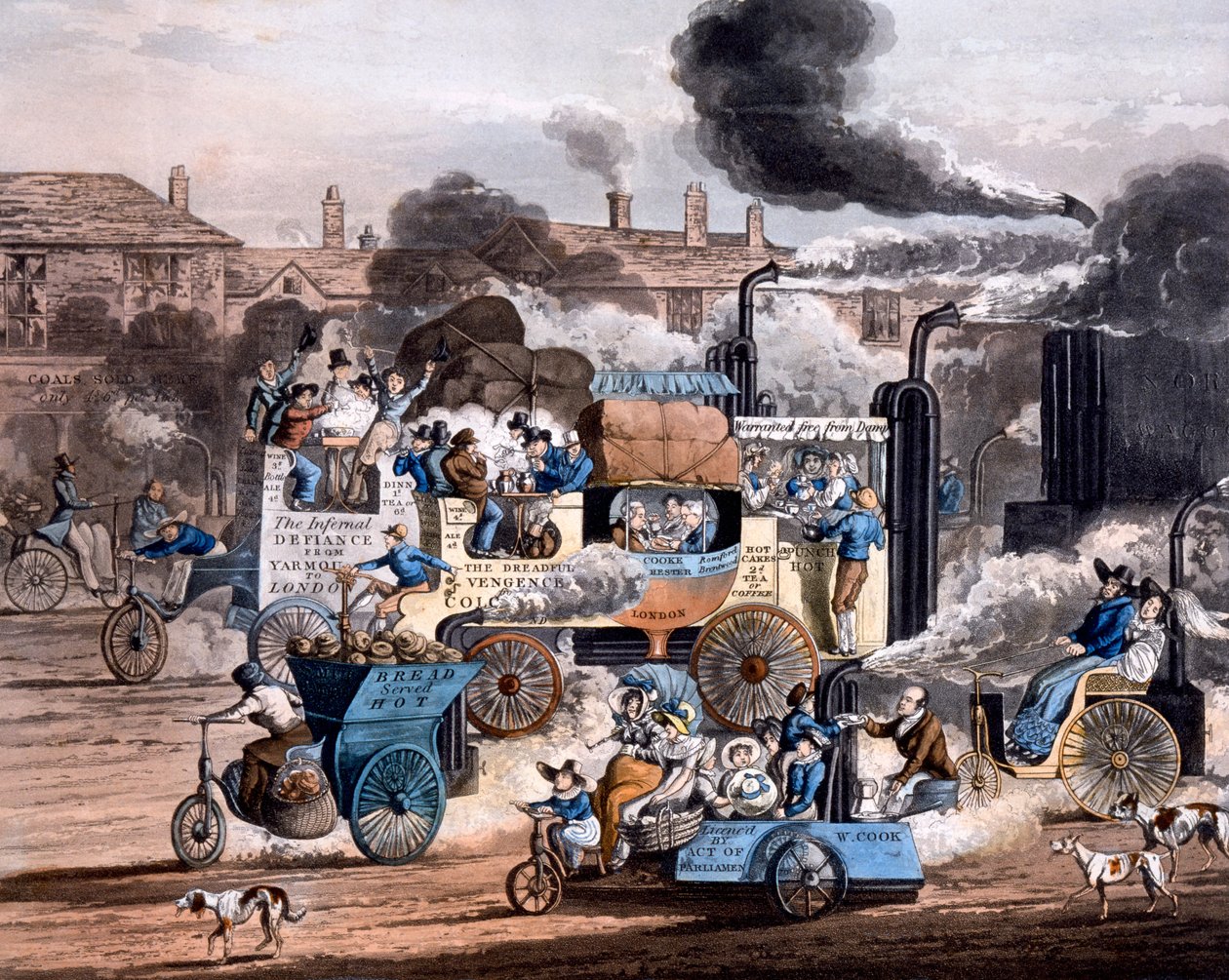 A View in White Chapel Road 1830, från The Progress of Steam - Aikens Illustration of Modern Prophecy 1828 (handfärgad akvatint) av English School
