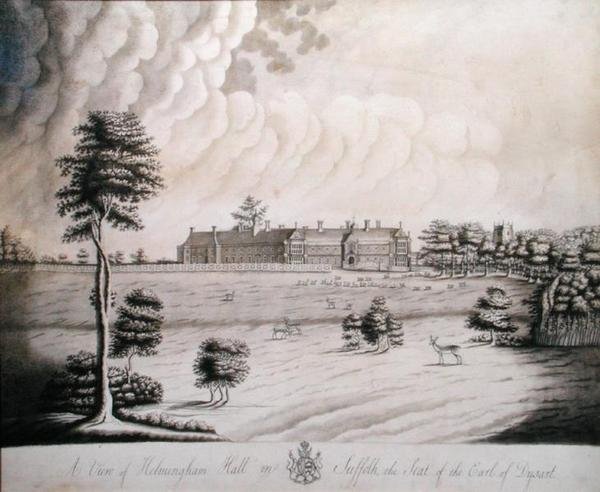 Utsikt över Helmingham Hall i Suffolk, sätet för Earl of Dysart (bläck och grått på papper) av English School